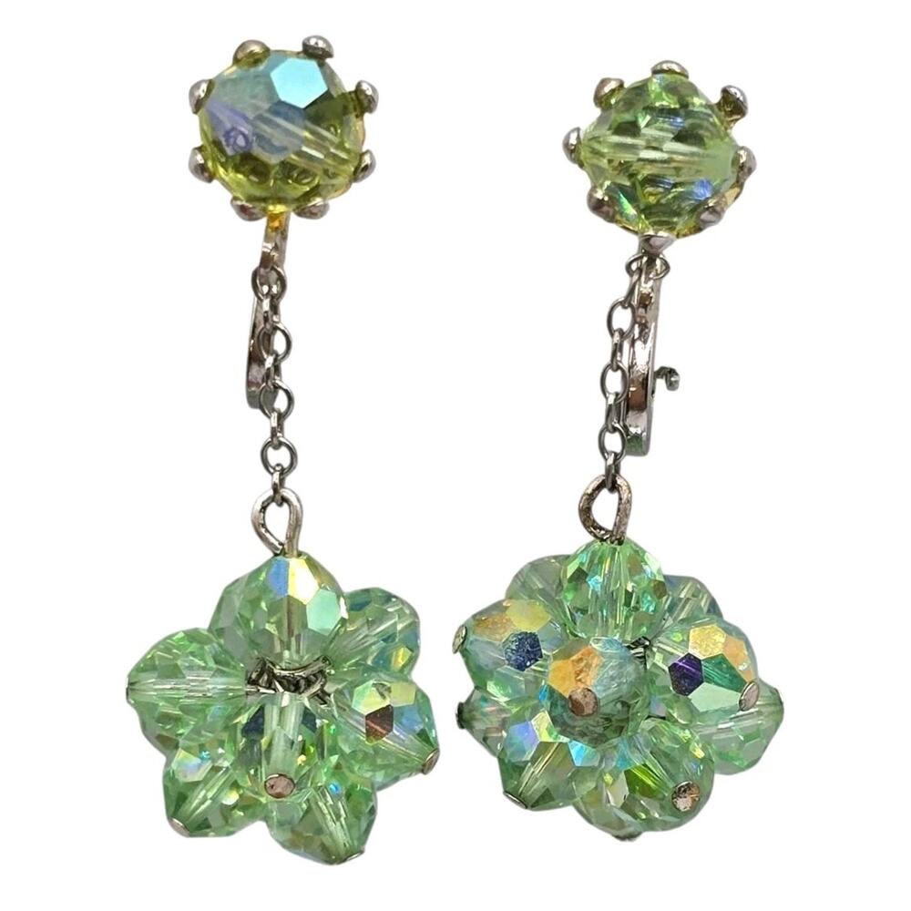 Earrings Artisan Cluster Rhinestones Light Green AB Dangle Clip On SKU 3368
